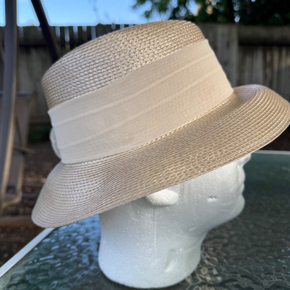 Vintage Champagne Straw Derby Hat Rose Floral Chiffon Ruffle Wedding Church Hat main image 5